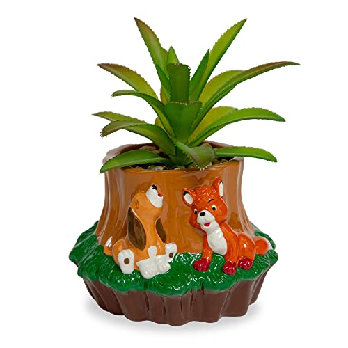 Silver Buffalo Disney The Fox and the Hound 4-Inch Ceramic Mini Planter with Artificial Succulent | Cute Small Flower Pot, Faux Indoor Plants - color: Fox and the Hound
