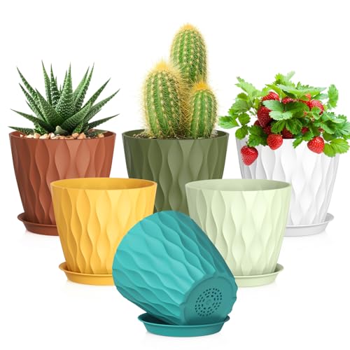 Meowell 5 inch Plant Pots for Indoor Outdoor Plants, 6 Pack Thick Nursery Pots with Drainage Holes and Saucers, 3D Modern Wave Texture Small Plastic Planter Flower Pots, Multicolor - color: Colorful, size: 5 inch 6 pieces