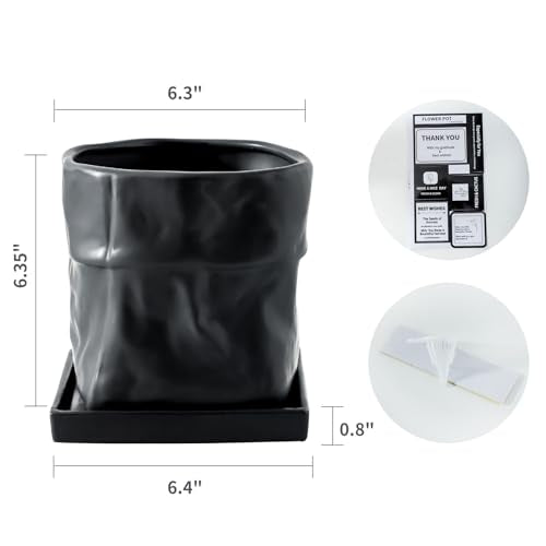 Nihow 6 Inch Ceramic Plant Pot with Drainage & Square Saucer,Black - color: Black, size: 6 Inch