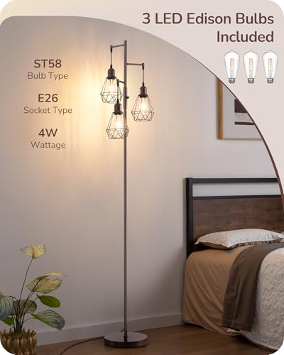 EDISHINE 70" Industrial 3 Light Floor Lamp with 3 LED Bulbs, Dimmable - color: Brown