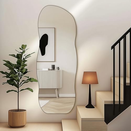 QDSSDECO Full Length Mirror Irregular Wavy Mirror with Stand, Frameless - color: Wave With Bracket