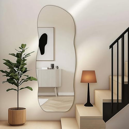 QDSSDECO Full Length Mirror Irregular Wavy Mirror with Stand, Frameless - color: Wave With Bracket