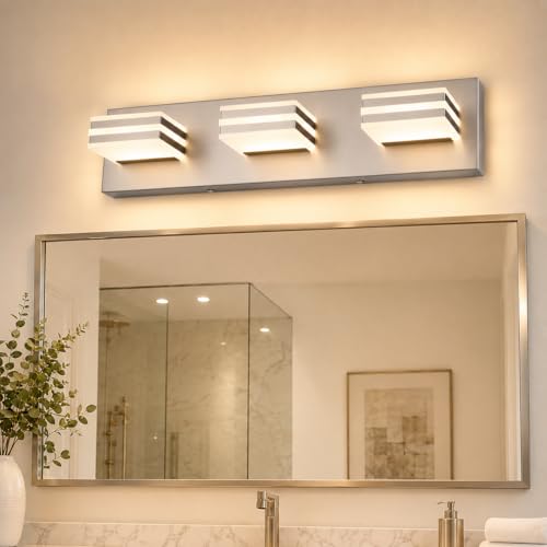 3-Light Brushed Nickel Vanity Light for Bathroom, 20 Inch 24W 5CCT Dimmable LED Fixture with Clear Acrylic Shade, Hardwired Modern Wall Light Over Mirror for Guest Bath - color: Brushed Nickel-5 Color Temperature, size: 3-Light, 20-Inch