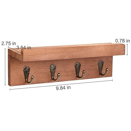 Key Holder Wall Mount, Farmhouse Wall Shelf with 4 Hooks for Entryway - color: Brown - Oak