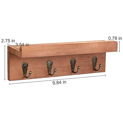 Key Holder Wall Mount, Farmhouse Wall Shelf with 4 Hooks for Entryway - color: Brown - Oak