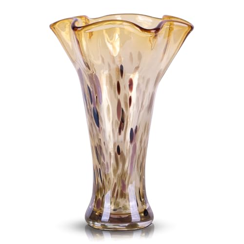 9.0" H Amber Glass Vases for Flower, Unique Hand Blown Glass Vase - color: Gold Amber