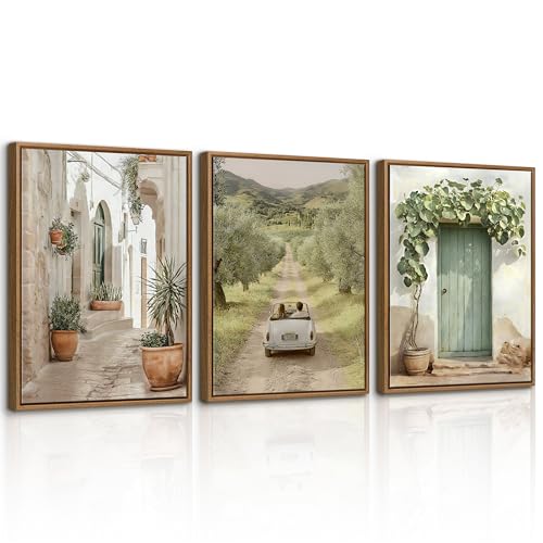 WENGTIAO Vintage City Landscape Framed Canvas Wall Art Home Decor 12"x16"x3 | Olive Green Cityscape Painting Artwork for Walls Tree Old Old House Bus Picture Home Decor for Bedroom Living Room - color: Vintage Italy City Landscape, size: 12"x16"x3Pcs