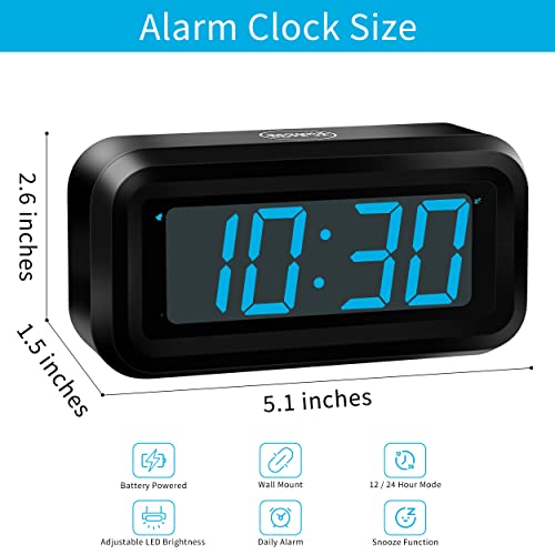 Alarm Clock,1.2'' LED,Cordless,Battery Powered,Snooze,Table-top/Wall-mount - color: Black Case-blue Led