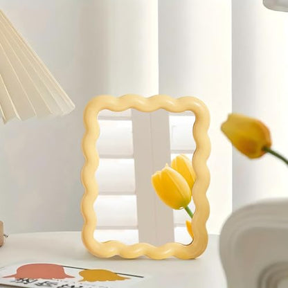 Wave Table Desk Vanity Makeup Mirror Small Make Up Office Mirror Yellow - color: Yellow