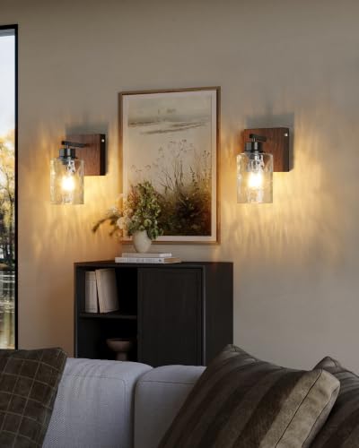 Hammered Glass Battery Operated Wall Sconces Set of Two Black & Walnut | Dimmable Rechargeable Wall Lights with Remote Timer, Easy Install Lamp for Living Room Bedroom, Emergency 3000K - color: Black Walnut(Clear Hammered Lampshades)