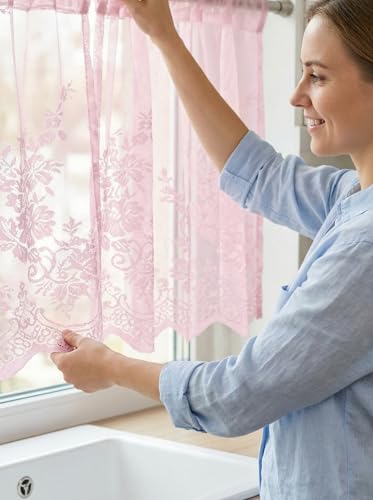 Molaxhome Kitchen Curtains Valance Pink Lace Floral Semi Sheer Curtain - color: Pink, size: 54"W x 35"L (Pack of 1)