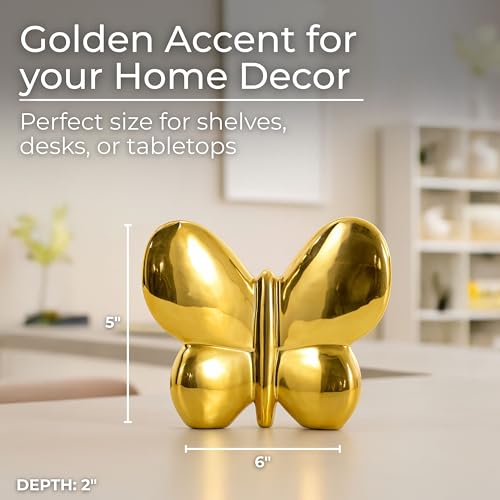 Ceramic Balloon Butterfly Sculpture for Home Decor - Ornaments for Bathroom, Office, Room and Living Room Display Styling - Sculptural Figurine for Shelf or Coffee Table Decor - 5", Gold & Metallic