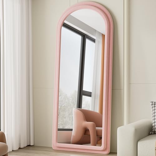 Floor Mirror, Full Length Mirror with Stand, 63"x24" Freestanding Arched Mirror Full Length Hanging or Leaning, Wall Mounted Mirrors with Flannel Frame, Large Mirrors for Bedroom (Pink) - color: Arched - Pink