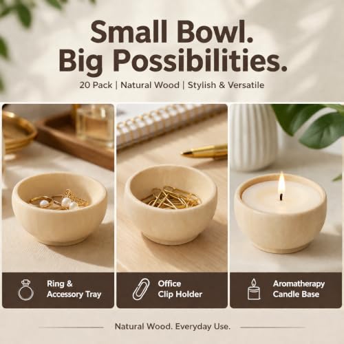 ZENFUN 20 Pack Wooden Pinch Bowls, Mini Unfinished Bowl Set for DIY Crafts, 1.5 oz Condiment Bowls, Small Round Bowl for Sorting, Dipping Sauce, Nuts, Spice, Candy, 1.1 x 2.1 Inches