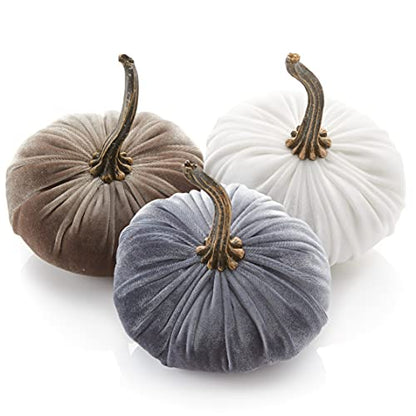 Your Heart's Content Set of 3 Small Velvet Pumpkins (Sm Gray Taupe Ivory) - color: Sm Gray Taupe Ivory