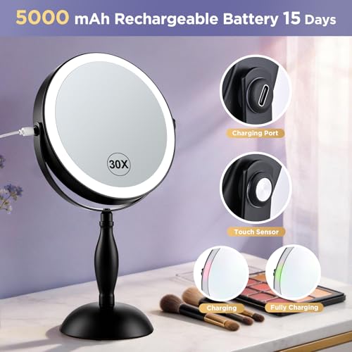 30X Magnifying Mirror with Lights-Matte Black 8" Dual Sided - color: Matte Black