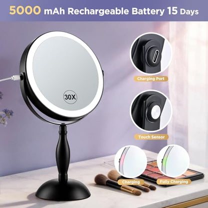 30X Magnifying Mirror with Lights-Matte Black 8" Dual Sided - color: Matte Black
