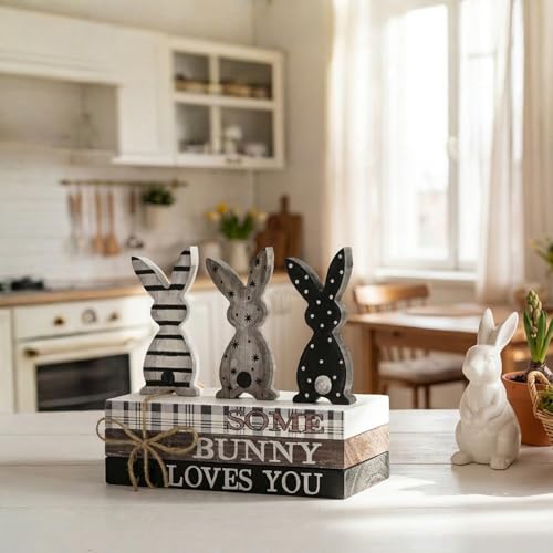 Smile Easter Wooden Stack, Rustic Bunny Mini Faux Books Bundle, Spring Tiered Tray Decorations, Indoor Decor for Kitchen Bathroom and Home Table Shelf - style: Classic Bunny