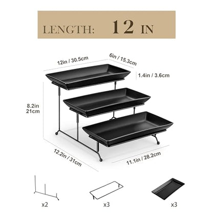 MALACASA 3 Tier Serving Tray, Porcelain Tiered Serving Trays Platters, 12 Inch Serving Stand with Platters,Black Dessert Stand with Collapsible Sturdier Metal Rack,Series PLAT - color: Black, size: 12 Inch