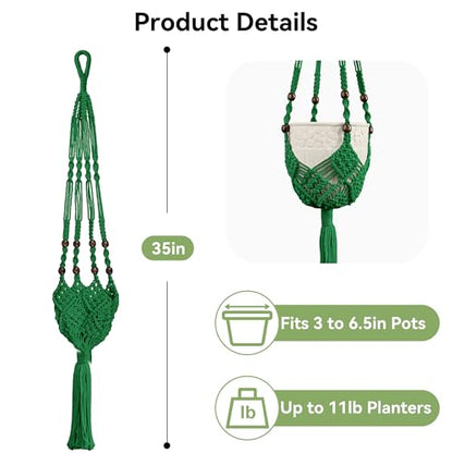USLAI Macrame Plant Hanger, for Up to 6.5 Inch Pots, 35 Inch, Green, 2 Pack - color: 35+35 Inch - Green