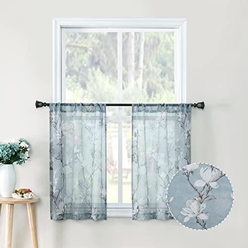 Tollpiz Floral Blue Sheer Tier Curtain Flower Print Vine Embroidery Kitchen Half Curtains Rod Pocket Café Voile Window Curtain for Bathroom, 30 x 36 inches Long, Set of 2 Panels - color: Blue, size: 30"W x 36"L (Pack of 2)