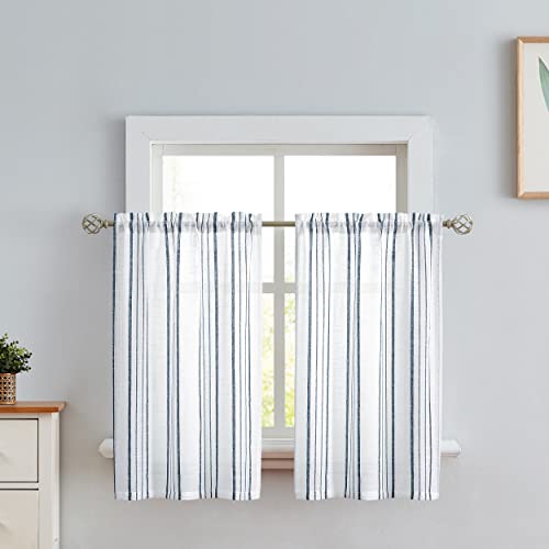 SXZJTEX Cafe Curtains Striped Kitchen Blue 24 Inch Sheer Tiers Pinstripe - color: Blue, size: 27"W x 24"L (Pack of 2)
