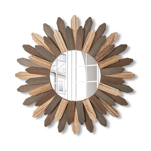 Emfogo Wall Mirror 21 inch Large Rustic Wood Boho Mirror Wall Decor Boho Room Decor Home Decor Aesthetic Farmhouse Decor for Bedroom Living Room Entryway(Tri-Color) - color: Tri-color, size: 21"L x 21"W
