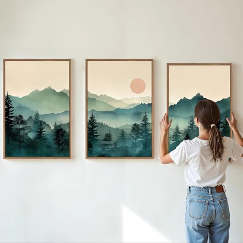 SIGNINART Large Boho Mountain Framed Canvas Wall Art Set, Nature Pine Tree Wall Painting, Abstract Foggy Forest Wall Decor, Modern Sunrise Art Prints for Bedroom Living Room and Office - 16"x24"x3 - color: Large Boho Mountain, size: 24"L x 16"W