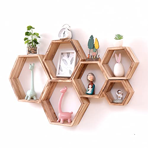 WONFUlity Hexagon Floating Shelves, Hexagonal Shelf Wall Mounted Storage - color: Light Brown, size: 6PC