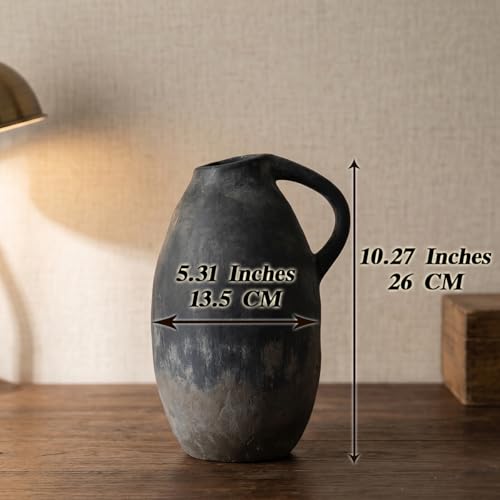 Rustic Ceramic Vase with Handle, 10.3 Inch, Handmade Decor - color: Black