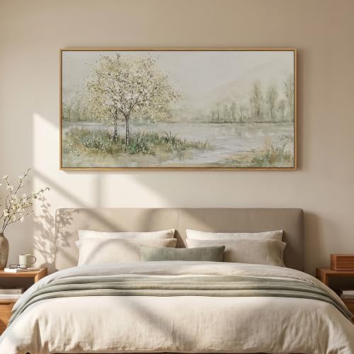Large Framed Sage Green Landscape Wall Art for Living Room, 60x30 Inch - color: Sage Green