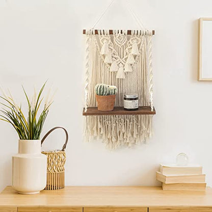 Macrame Wall Hanging Shelf & Boho Decor, Handmade Wooden Floating Shelves - size: Small