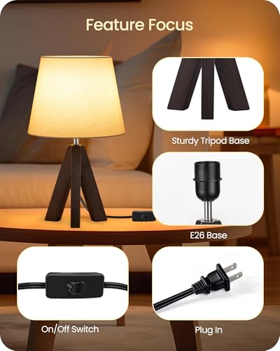 Small Table Lamp for Bedroom, 14.6" Bedside Lamp with White Linen Shade and Walnut Wood Tripod Base, Modern Nightstand Lamp for Living Room, Nursery, Entryway, E26 Socket, VW51TL05 - color: White+Dark Walnut