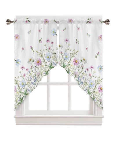 Botanical Floral Swag Valances White Kitchen Curtains 36 Inches Length, Watercolor Wildflowers Tier Drapes Swag Topper, Farmhouse Flowers Short Window Treatments for Cafe Bathroom 2 Panels 28"x36" - color: Multi Color, size: 28"W x 36"L (Pack of 2)