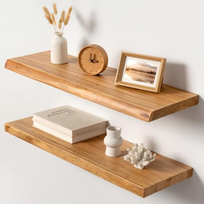 32" Live Edge Floating Shelves, Solid Elm Wood Shelf, Set of 2 - color: Artisan Natural, size: 32 Inch | 2 Pack