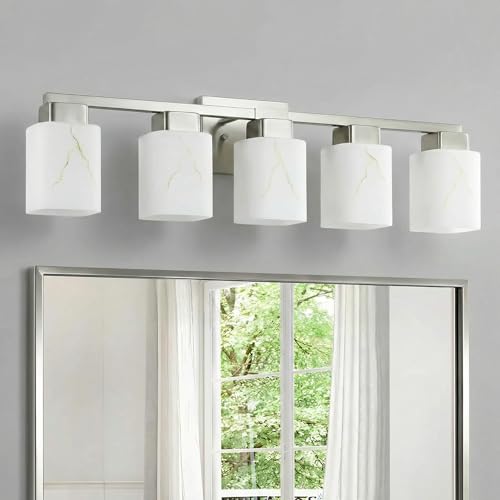 5-Light Square Bathroom Light Fixture, Brushed Nickel Modern Vanity Light with White Marble Glass Shade, for Bathroom Mirror, Living Room, Bedroom, Hallway, E26 Base - color: Brushed Nickel, size: 5-Light