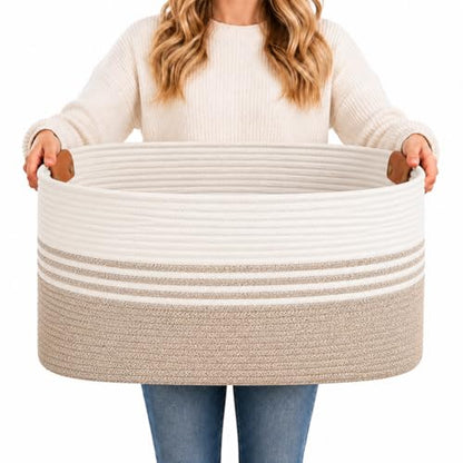 Laundry Hamper with Handles, 72L Rope Laundry Basket, Light Brown & White - color: Light Brown & White, size: 72L
