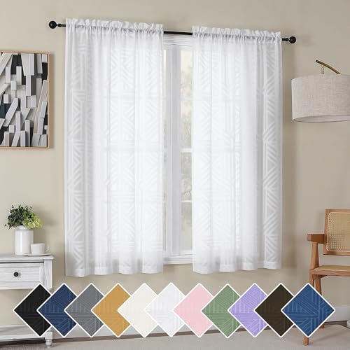 Simplebrand Semi Sheer White Curtains 63 Inch Length 2 Panels, Light Filtering Geometric Jacquard Clip Textured Short Sheer Curtains for Bedroom，Modern Elegant Window Curtains Drapes，42x63 inch - color: White, size: 42"W x 63"L (Pack of 2)