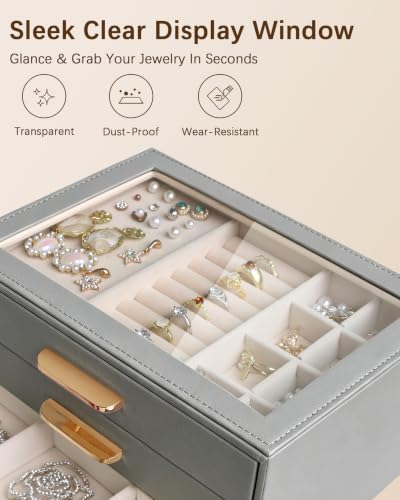 Homeanda Jewelry Boxes Organizer with Glass Lid, 3-Layer PU Leather, Grey - color: Grey, size: 3 Layer