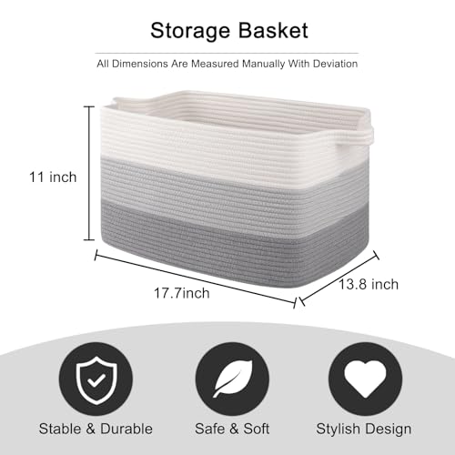 OIAHOMY Woven Blanket Basket Laundry Basket Dog Toy Basket Gradient Grey - color: Gradient Grey, size: 17.7”x13.8”x11”