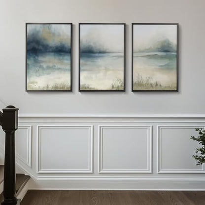 Framed Watercolor Abstract Landscape Wall Art, 3 Piece Set, Each 16x24 In - color: Misty Lake, size: 16" W x 24" H x 3pcs