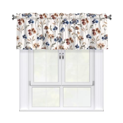 Blue and Brown Floral Kitchen Valance - Farmhouse Style Sheer Valance, 1 Panel, 54 x 18 Inch - color: Blue and Brown