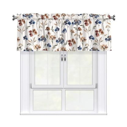Blue and Brown Floral Kitchen Valance - Farmhouse Style Sheer Valance, 1 Panel, 54 x 18 Inch - color: Blue and Brown