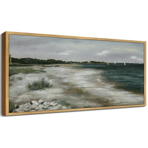 SHENIFY Vintage Framed Wall Art Seaside Coastal Landscape Painting Retro Beach Scenery Farmhouse Kitchen Living Room Decor - 8x16in Natural Framed - color: Blue Coastal, size: 16"L x 8"W