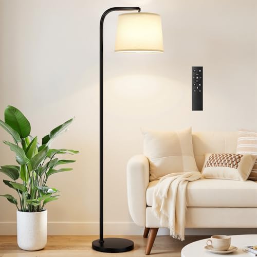 Ambimall Remote-Controlled Floor Lamp - Color Temperature Adjustable and Fully Dimmable, Standing Lamp for Living Room with Rotating Head, Tall Lamp for Bedroom, 9W Bulb Included (Black and Beige) - color: O:Black and Linen Beige(Remote)