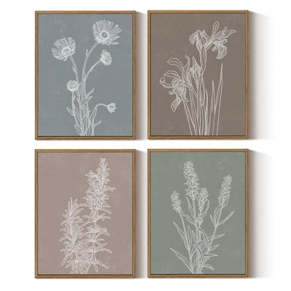 InSimSea Framed Botanical Wall Art, 4 Piece Boho Floral Line Prints - color: Botanical Line Sketch Set