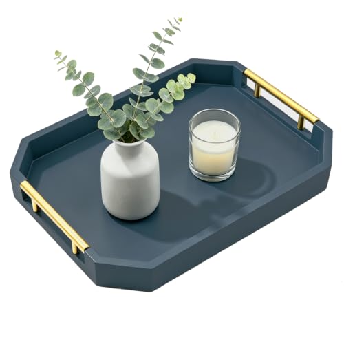 Decorative Wood Serving Tray with Polished Gold Handles, Octagon MDF Tray, Glossy Finish, 16x12 Inch, for Coffee Table, Ottoman (Blue) - color: Blue