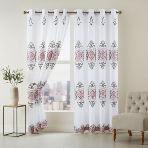 J&V TEXTILES Embroidered Curtain Set, 2 Panel Drapes with Backing & Valance, Medallion Pattern (Pink) - color: Pink