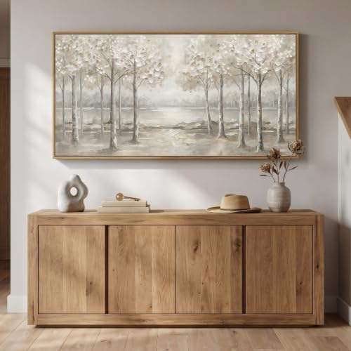 Framed Birch Tree Forest Landscape Wall Art for Living Room, 60x30 Inch - color: White Gray