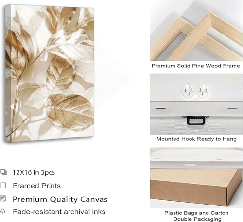 LAJDXSX 3 Pcs Modern White Floral Golden Leaves Canvas Wall Art - color: Platinum Flowers, size: 12x16in-Canvas